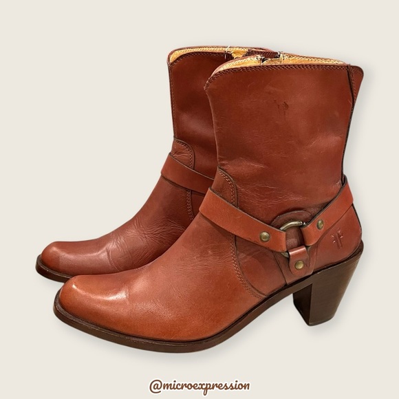 $359 Frye Romy Harness Brown Cognac Real Leather Vintage Cowboy Short Ankle Boot - Picture 4 of 12